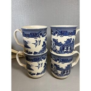 Set of 4 Blue Willow Coffee Mugs Blue and White Chinoiserie Tea Cups 4in